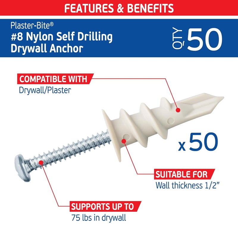 FixMaster Nylon Self-Drilling Drywall Anchors w/Screws (50 Anchors & 50 Screws) – Premium Nylon 66 Hollow Wall Anchors for 3/8"-5/8" Drywall – Shock-Resistant Hold, Easy Install - 75lb Holding Strength - Image 2